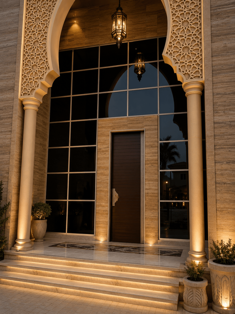 مدخل زجاجي بقوس كلاسيكي وأعمدة حجرية